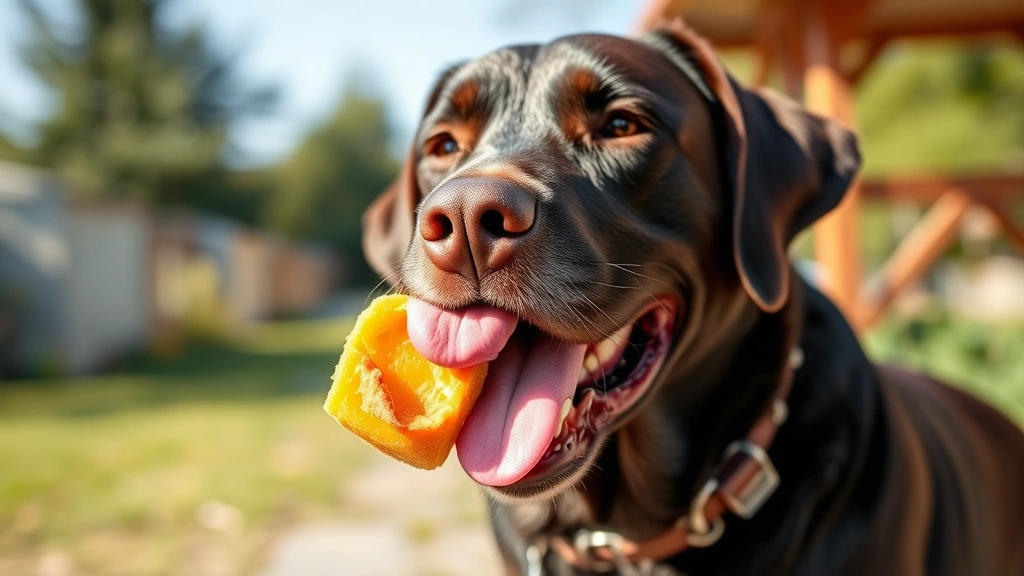Happy Labrador enjoying frozen treat alternative, dog licking frozen pumpkin and peanut butter treat, outdoor sunny setting, satisfied expression