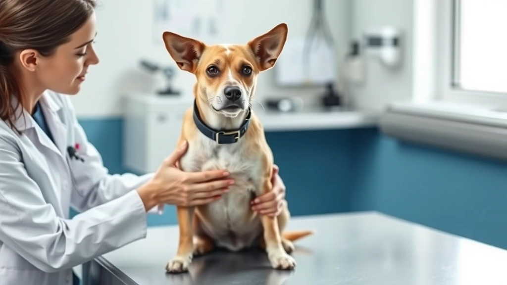 Female dog sitting calmly at veterinary clinic exam table, wearing collar, with caring female veterinarian in white coat examining her abdomen, bright clinical setting, professional vet environment