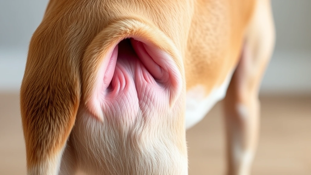 Close-up of female dog's vulva area showing signs of heat cycle with swelling, dog standing in natural pose, educational veterinary reference image, realistic medical documentation style