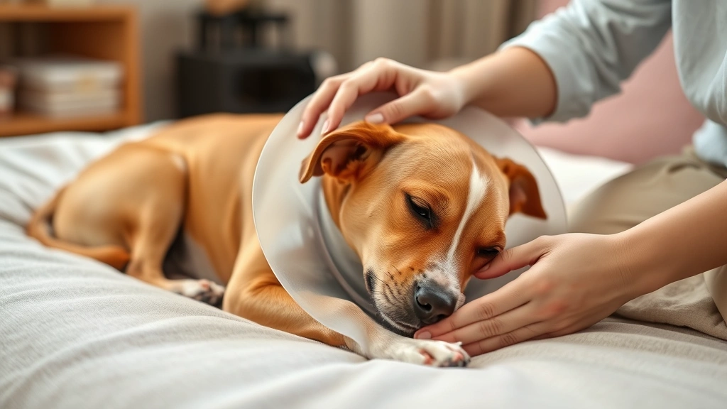 Female dog recovering at home on comfortable bed with cone collar, resting peacefully, owner's hands gently petting her head, warm home environment, post-surgery recovery scene