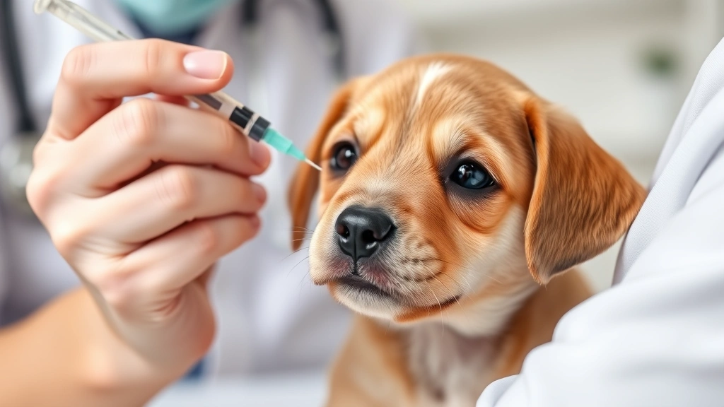 Close-up of veterinarian examining young puppy during vaccination appointment, vet holding vaccine syringe, puppy looking calm and healthy