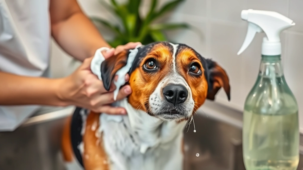 Dog being bathed with soap and water by owner, showing proper hygiene practices, clean environment with disinfectant spray bottle visible