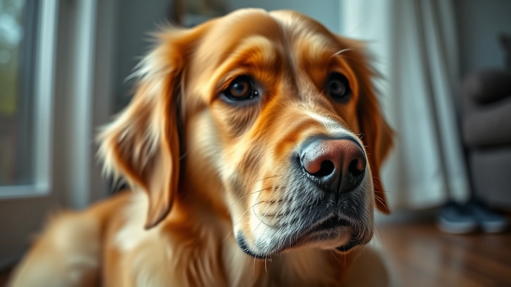 Close-up of a golden retriever's face showing confused or distant expression, sitting alone indoors, natural lighting, contemplative mood, neurodevelopmental focus