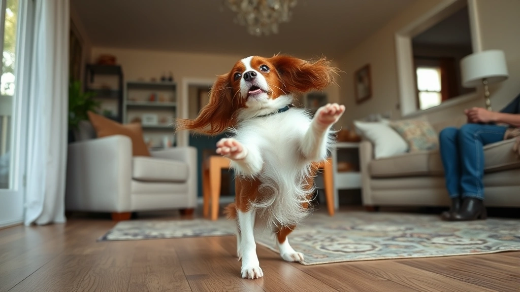 Brown and white spaniel engaging in repetitive spinning behavior in a living room, captured mid-motion, showing stereotypic behavioral pattern, concerned owner visible