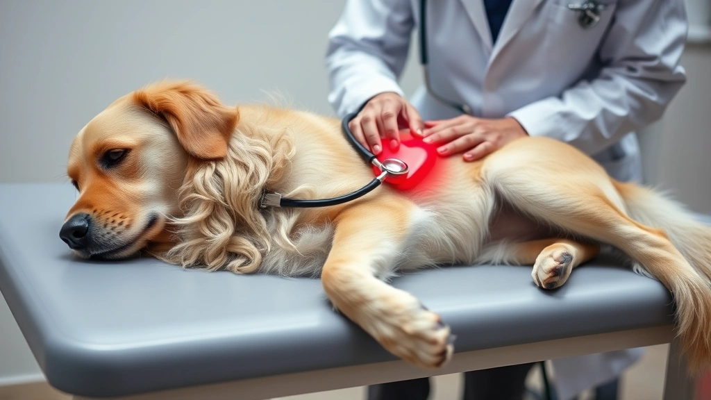 Golden Retriever dog lying on veterinary examination table with stethoscope placed on chest, veterinarian in white coat examining heart, calm clinical setting with soft lighting