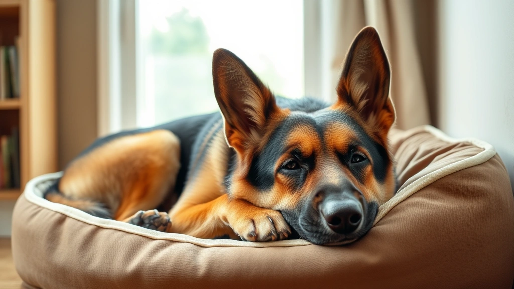 Senior German Shepherd dog resting on comfortable dog bed indoors, looking tired and peaceful, natural daylight from window, showing signs of rest and recovery