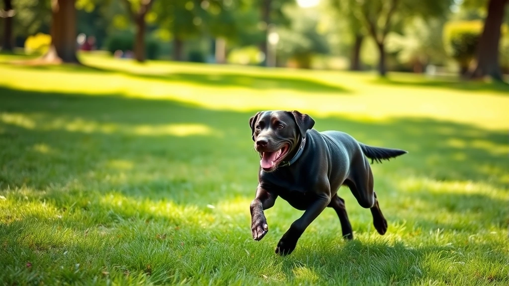 Healthy adult Labrador Retriever running joyfully through grassy park, strong muscular build, bright alert expression, morning sunlight, vibrant green background