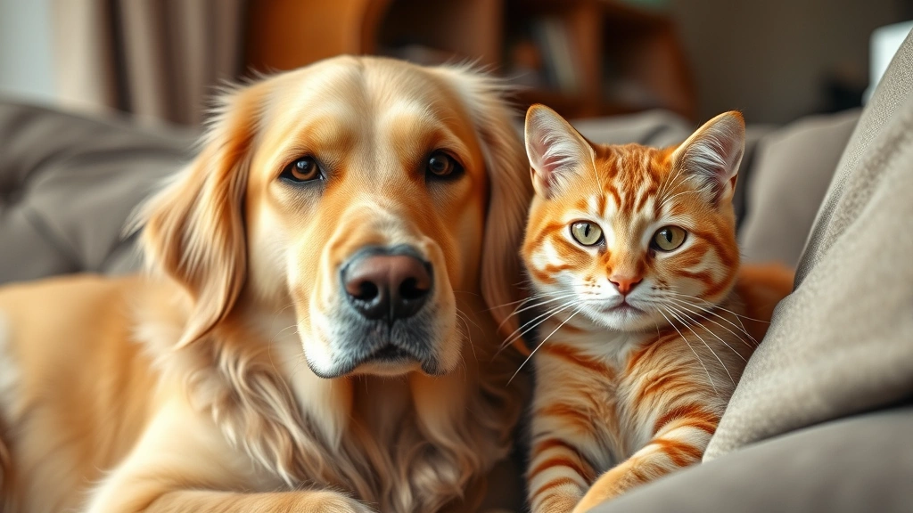 Golden retriever and orange tabby cat sitting peacefully together on a couch, looking at camera with friendly expressions, warm home lighting, close-up shot