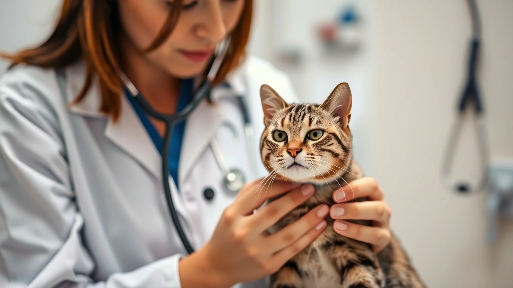 Veterinarian examining a tabby cat with stethoscope in clinic, professional medical setting, warm lighting, focus on vet and patient interaction