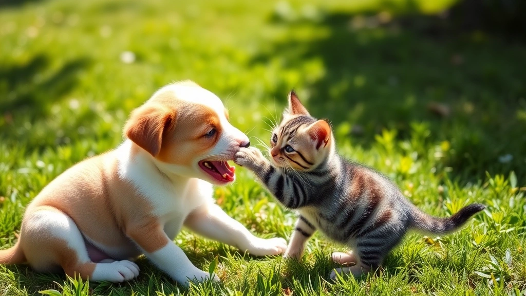 Puppy and kitten playing together outdoors in sunny garden, both animals engaged in playful interaction, green grass background, natural daylight, joyful moment