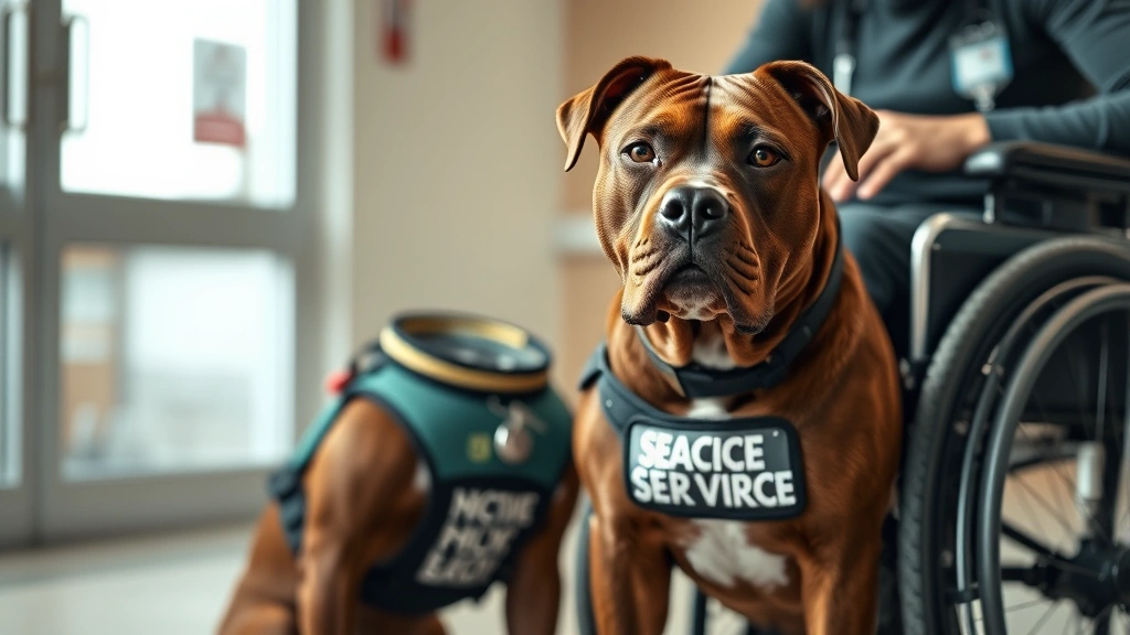 Muscular pitbull in professional service vest sitting attentively beside a person in wheelchair, indoor medical facility setting, photorealistic