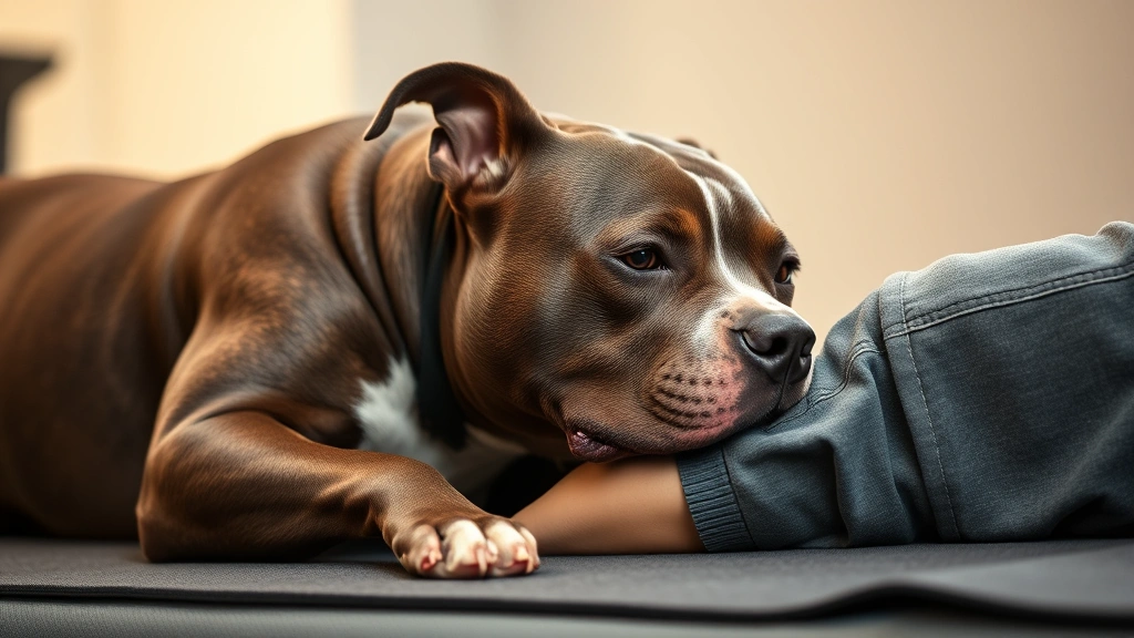 Focused pitbull performing deep pressure therapy on person lying down, showing gentle interaction and task-oriented behavior, professional lighting