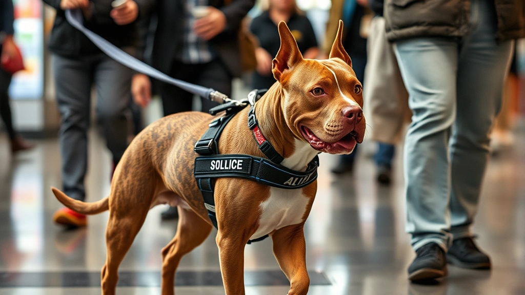 Pitbull service dog wearing official harness walking calmly through busy public space, demonstrating controlled public access behavior and composure