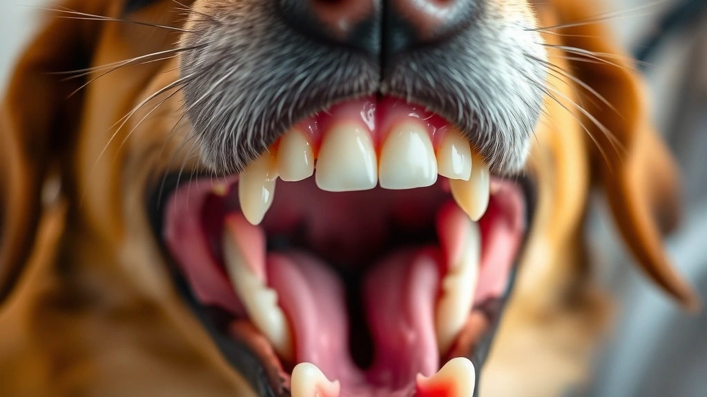 Close-up of a dog's open mouth showing healthy pink gums and white teeth, veterinary dental examination setting with soft lighting, professional clean appearance