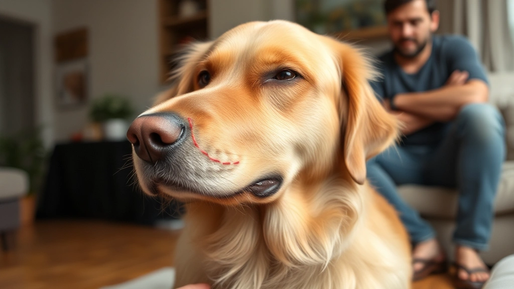 Golden Retriever with slight facial swelling on one side, sitting at home looking uncomfortable, hand gently touching jaw area, concerned owner in background