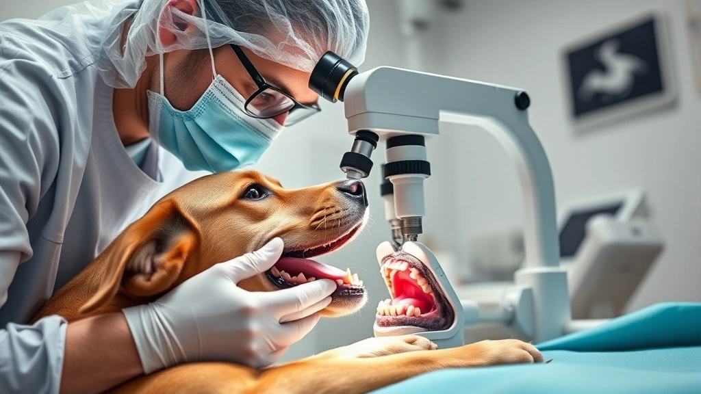 Veterinary dentist in surgical mask examining a dog's teeth under dental microscope with specialized equipment, bright clinical lighting, dog under anesthesia on surgical table