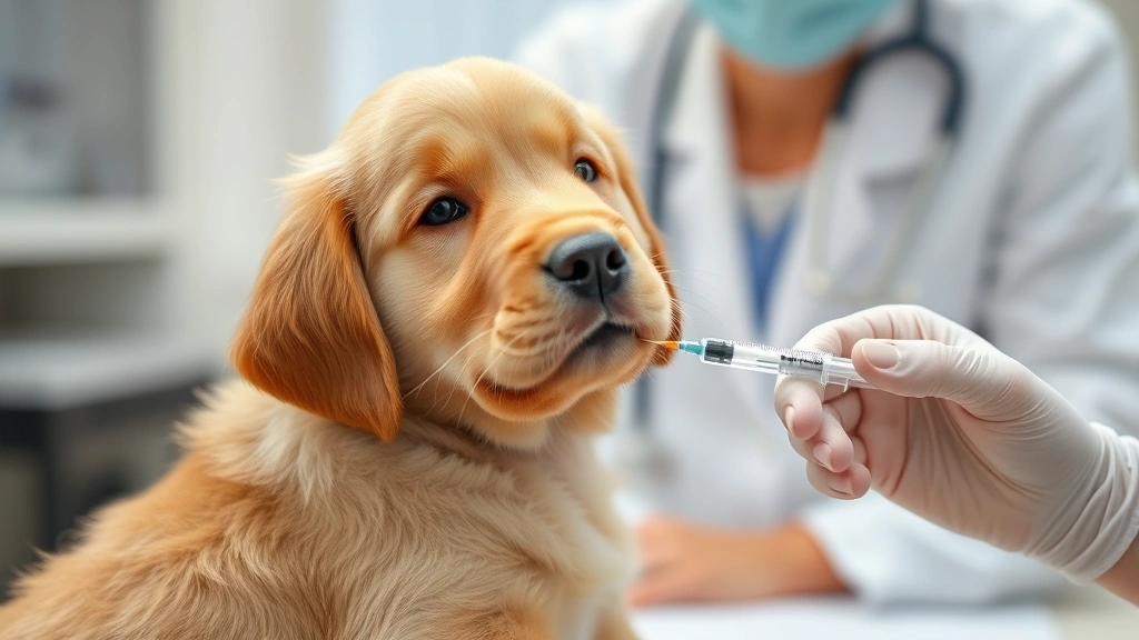 Golden Retriever puppy receiving injection from veterinarian with syringe, clinical setting, caring vet in background, focused on needle and puppy's shoulder