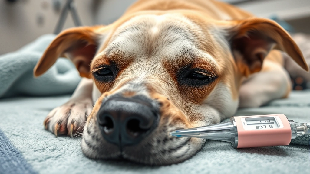 Close-up of sick dog lying on towel with thermometer, showing lethargy and discomfort, veterinary clinic environment, IV line visible
