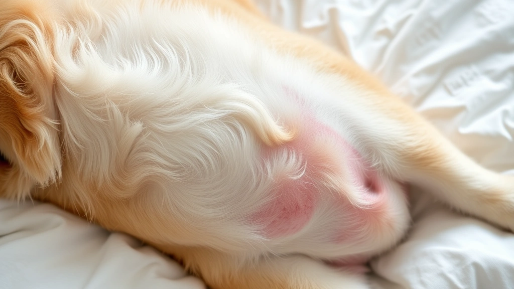 Close-up of a golden retriever lying on white bedding, looking uncomfortable with visible skin irritation on belly and inner thigh areas, natural lighting