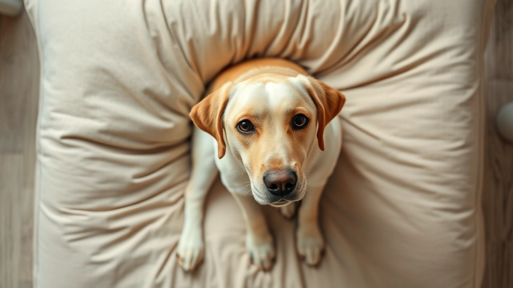 Overhead view of a labrador retriever sitting on a light-colored dog bed, showing ears and paw areas where bed bugs might bite, indoor setting