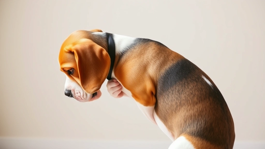 Side profile of a beagle scratching its body intensely, showing discomfort and irritation, against neutral background with soft natural light