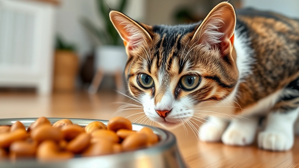 Close-up of a tabby cat looking at a dog food bowl with kibble, curious expression, indoor home setting, natural lighting, cat in foreground