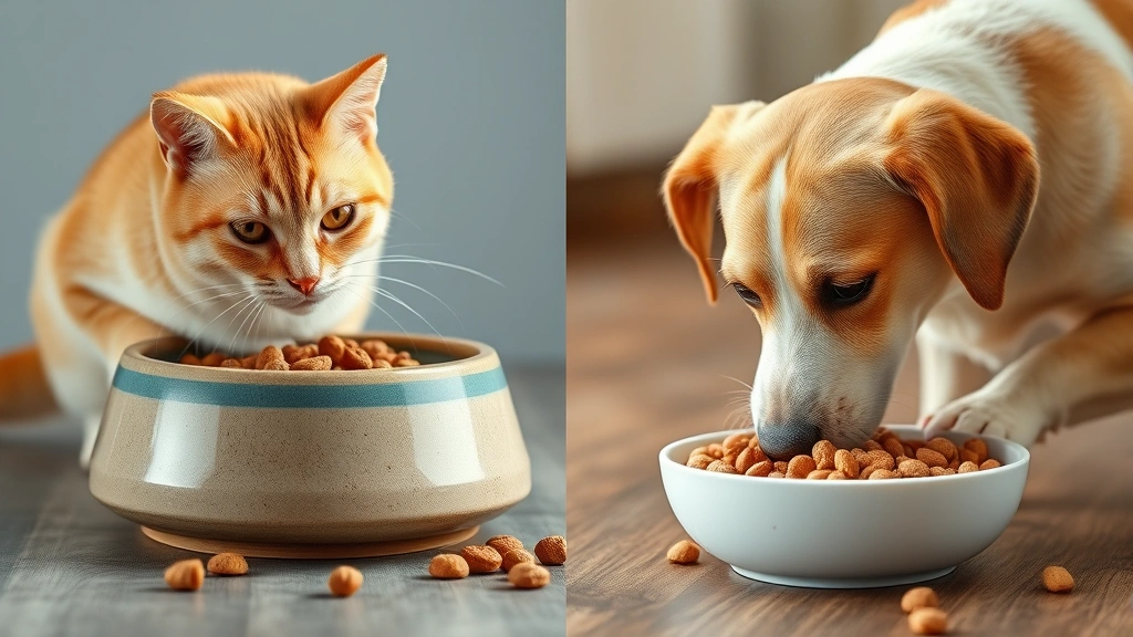 Split-screen image showing a cat eating from an elevated ceramic bowl with premium cat food on one side, and a dog eating from a lower bowl with dog kibble on the other side
