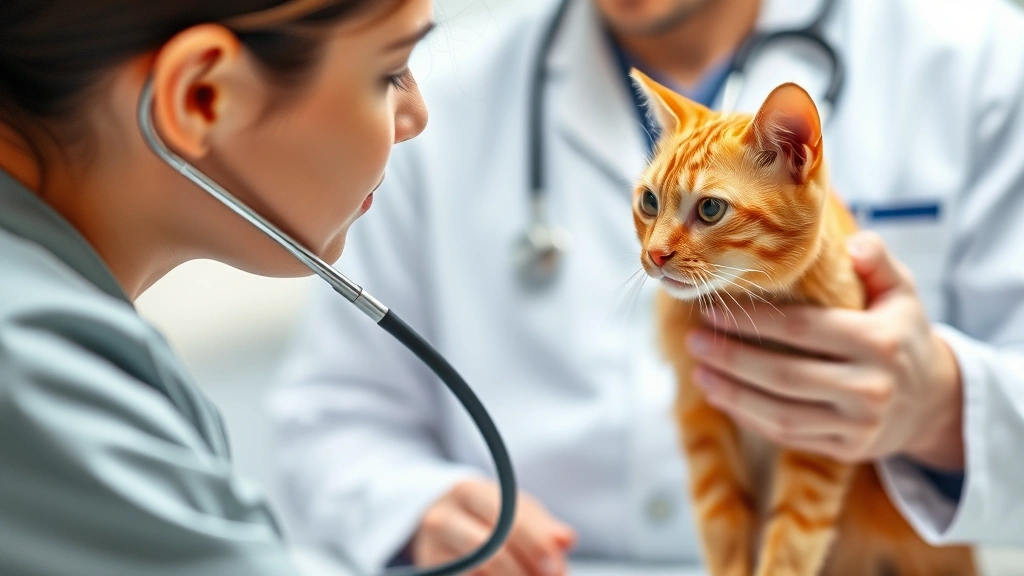 Veterinarian examining an orange cat with stethoscope during health check-up, clinical setting, caring professional, emphasizing importance of vet visits for multi-pet households