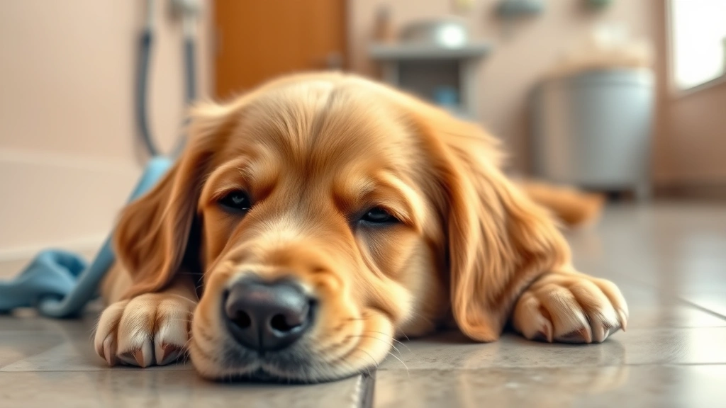 Golden Retriever puppy looking sick with lowered head, resting on tile floor, veterinary clinic setting, warm lighting, worried expression, close-up of dog's face
