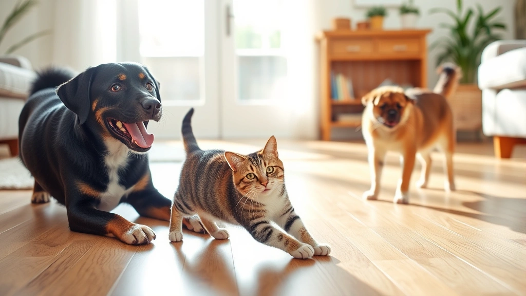 Multi-pet household scene with healthy dog and cat playing together on hardwood floor, sunny window light, both animals active and happy, natural living room setting