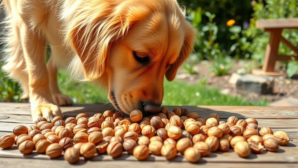 Golden retriever sniffing at a pile of various nuts in shells on wooden surface, outdoor garden setting, bright sunny day