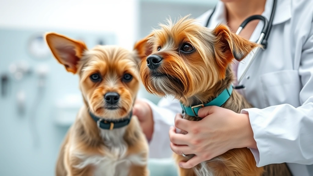 Veterinarian in white coat examining a small brown terrier dog with stethoscope in modern clinic setting, professional animal hospital