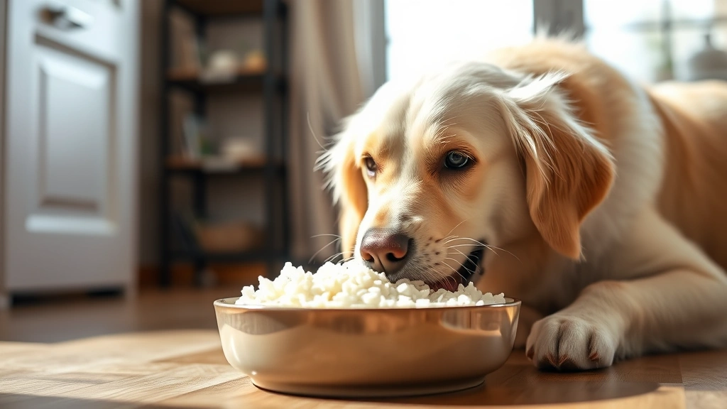 Golden Retriever happily eating plain cooked white rice from a ceramic bowl, indoors, bright natural lighting, focused dog expression