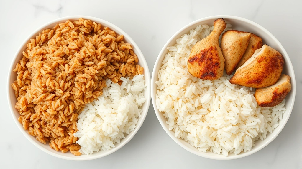 Overhead view of cooked brown rice and white rice portions side by side with boiled chicken pieces, fresh presentation on clean kitchen counter
