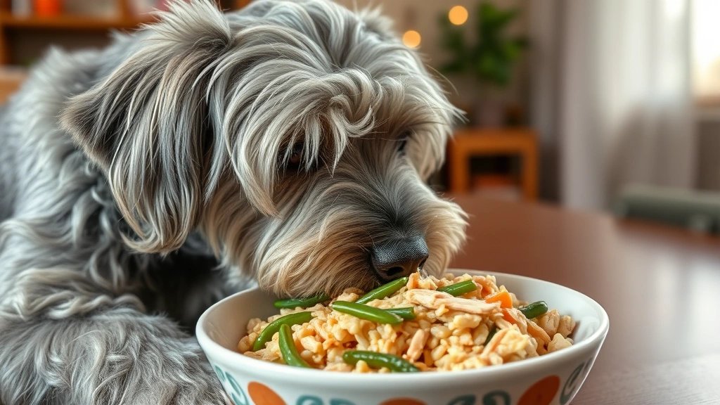 Senior gray-muzzled dog enjoying a bowl containing rice mixed with shredded chicken and green beans, comfortable home setting, warm lighting