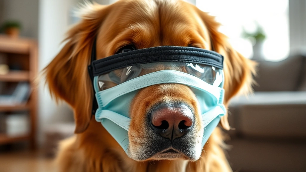 Golden retriever wearing protective mask indoors, sad expression, soft natural lighting, close-up of face showing concern