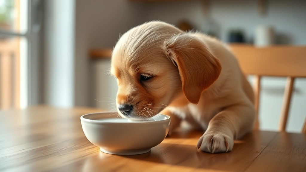 Golden Retriever puppy lapping milk from small ceramic bowl on wooden kitchen table, warm natural lighting, shallow depth of field focusing on puppy's face and milk