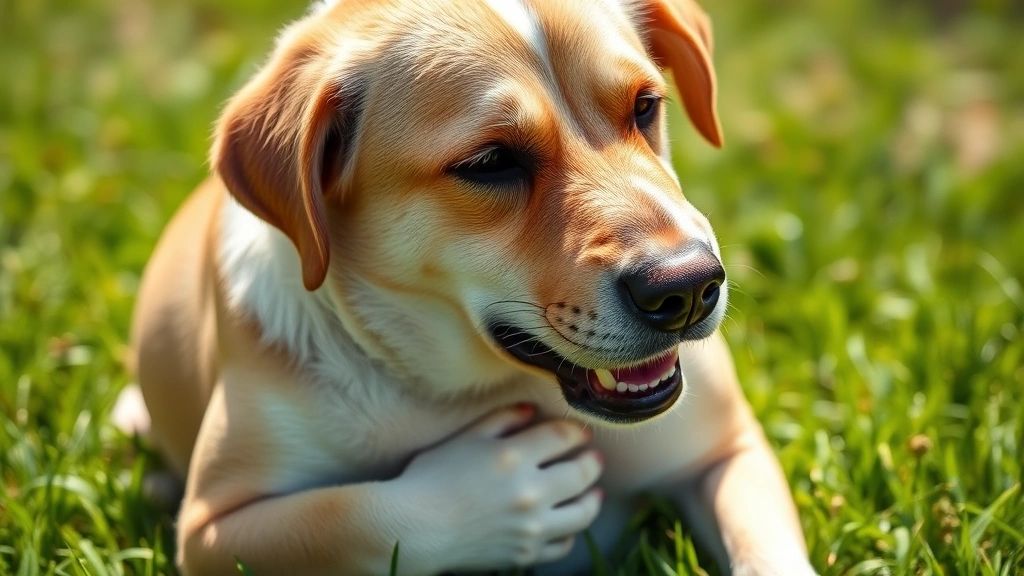 Close-up of dog's face showing discomfort with paw on stomach, sitting on grass, bright daylight, expressing digestive distress after eating dairy