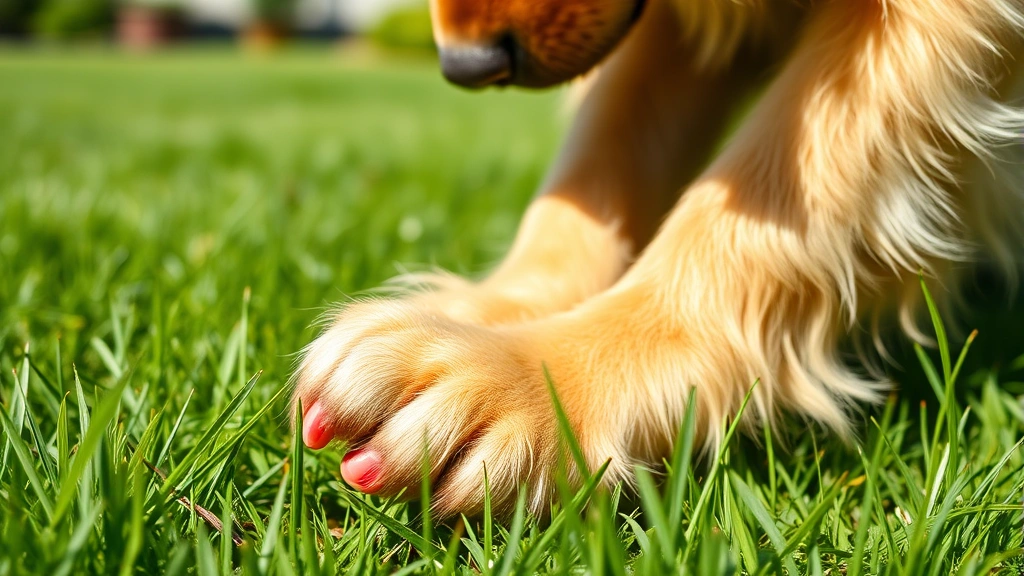 Golden Retriever scratching paws vigorously in green grass, close-up of red inflamed skin between toes, sunny backyard setting