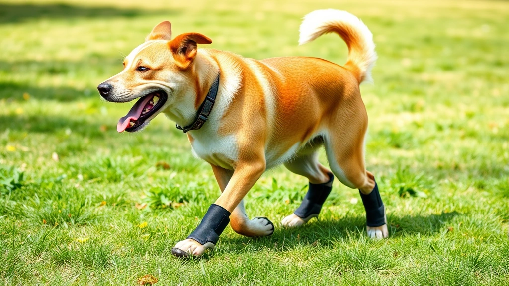 Dog wearing protective booties playing outdoors on grass, side profile showing full body, bright daylight, healthy happy expression
