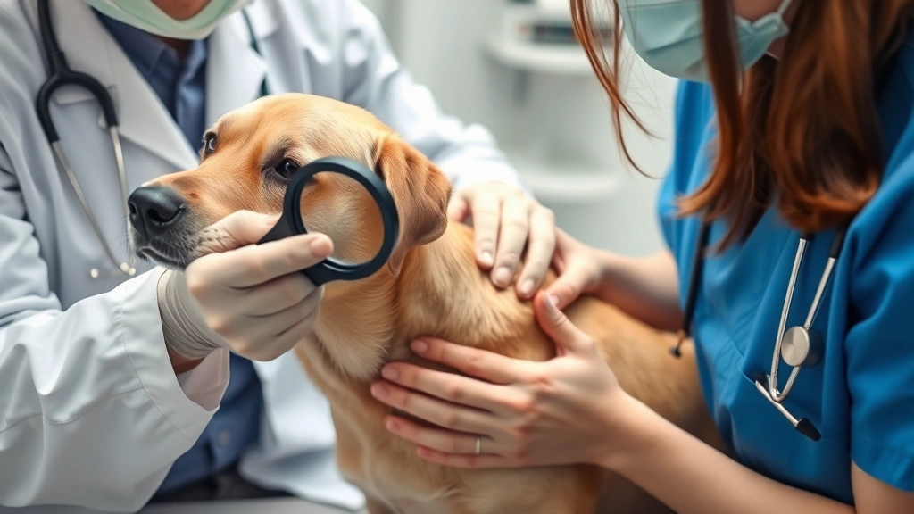 Veterinarian examining dog's skin with magnifying glass during allergy testing, clinical setting, professional medical environment, dog calm and cooperative