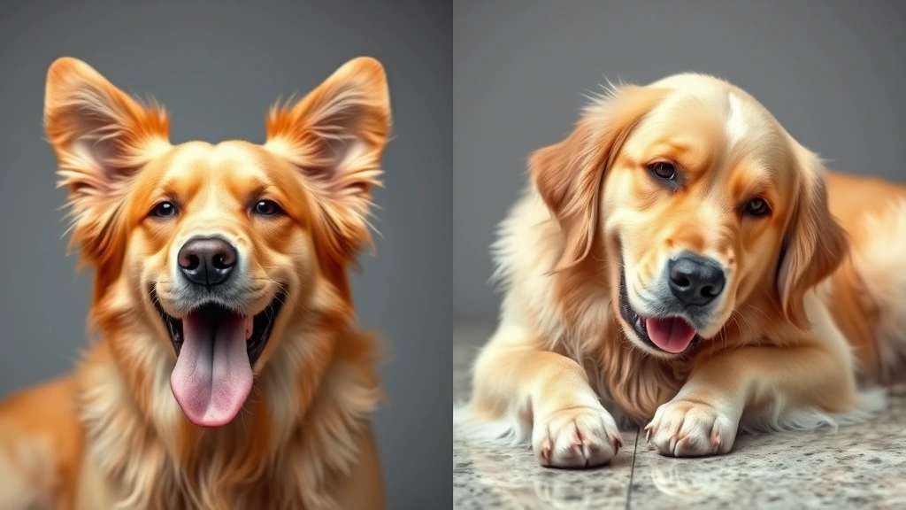 Golden Retriever displaying contrasting behaviors: one side showing playful excitement with ears perked up and tongue out, other side showing withdrawn sadness lying down, split-screen style composition