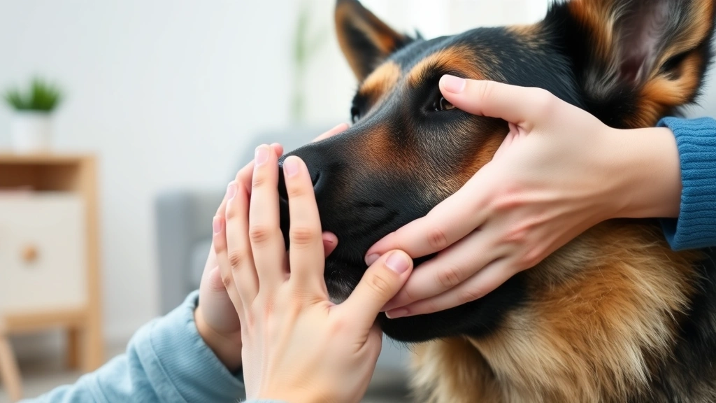 Close-up of concerned dog owner's hands gently examining their anxious-looking German Shepherd's face, showing compassionate connection in calm indoor setting