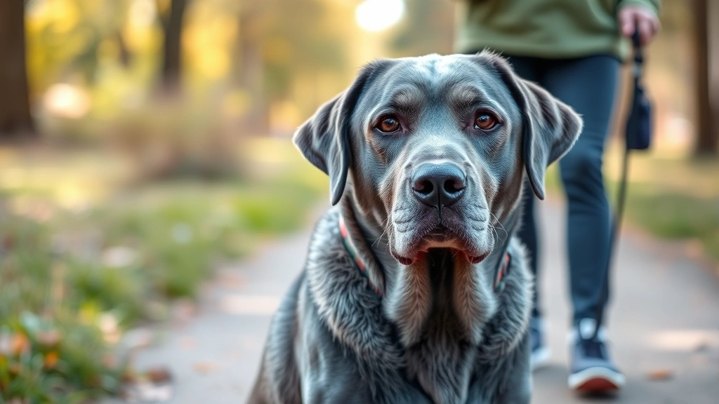 Senior gray-muzzled Labrador with wise eyes sitting peacefully during outdoor walk with owner, representing proper exercise and mental stimulation for emotional wellness