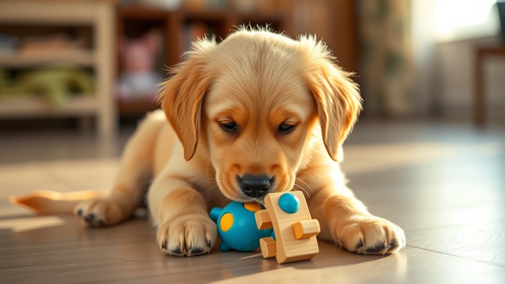 Golden Retriever puppy playing with puzzle toy, focused expression, indoor lighting, learning enrichment activity