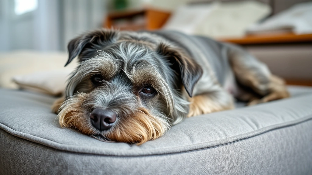 Senior gray-muzzled dog resting peacefully on orthopedic bed, calm senior dog at home, comfortable setting