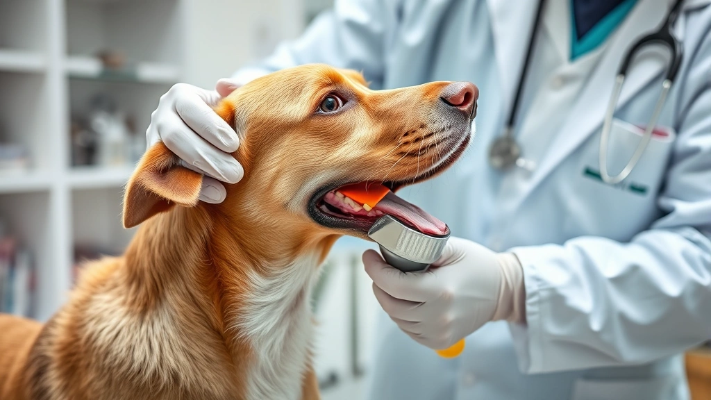 Veterinarian examining dog's neurological response with reflex hammer, professional vet clinic examination room