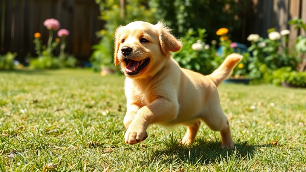 Golden Retriever puppy playing happily in sunny backyard, healthy and energetic, no text