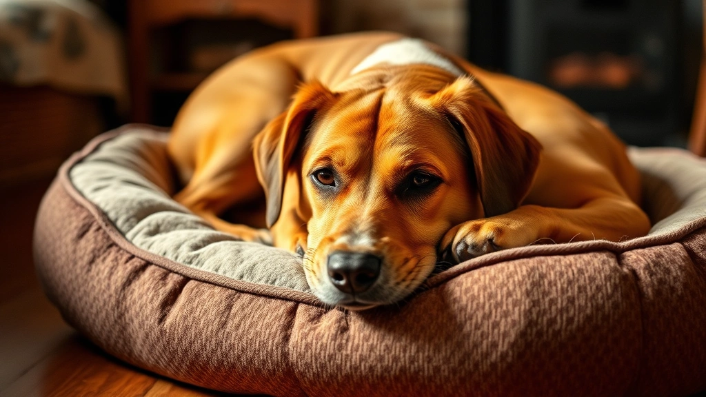 Dog resting comfortably on dog bed indoors, calm and relaxed, warm home environment, peaceful atmosphere