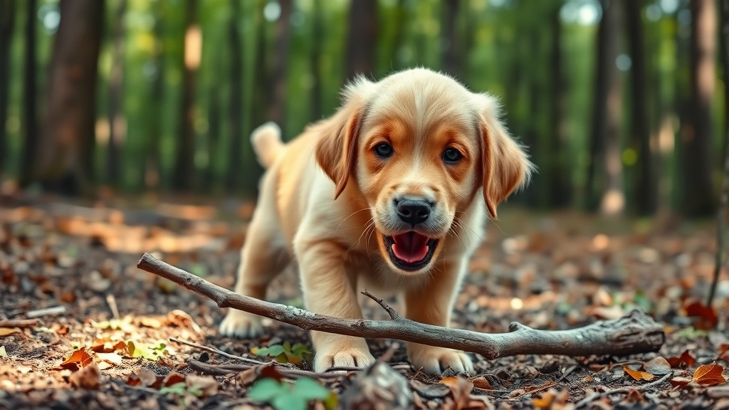Golden Retriever puppy with mouth open about to grab a fallen stick from forest ground, curious expression, natural lighting through trees
